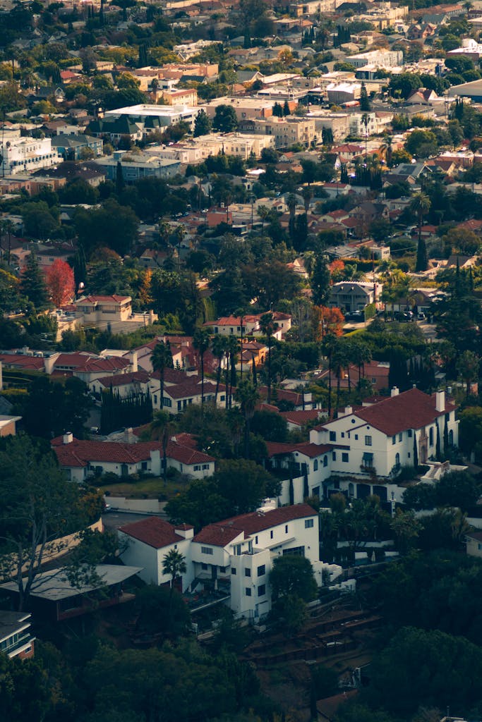 A vibrant aerial view of a sunlit suburban cityscape featuring red-roofed houses and lush greenery.